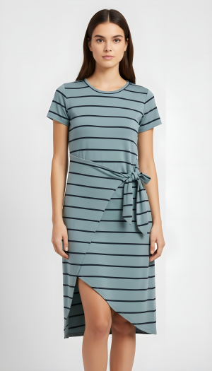 Vestido Verde  Listra Preta Com. Amarração  Na Frente Tamanho Único